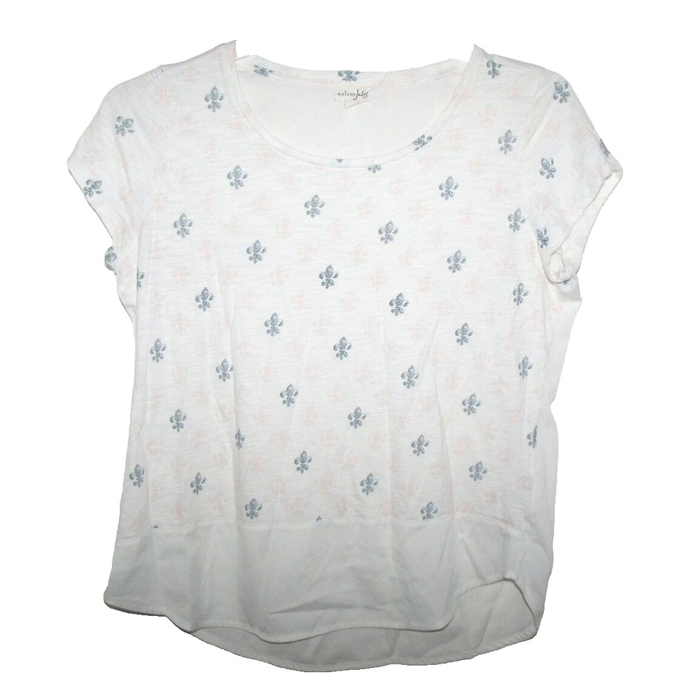 Maison Jules White Pink Blue Fleur de lis Sheer Back Cotton Front Top Shirt L